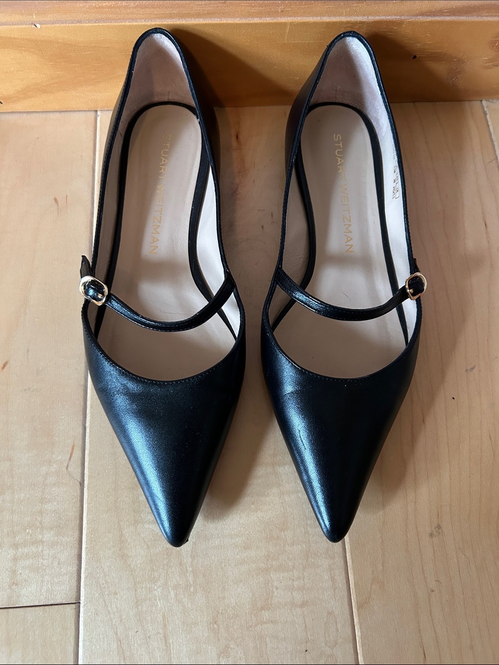 Stuart Weitzman Black Pointed Emilia Mary-Jane Flats with Gold Buckle